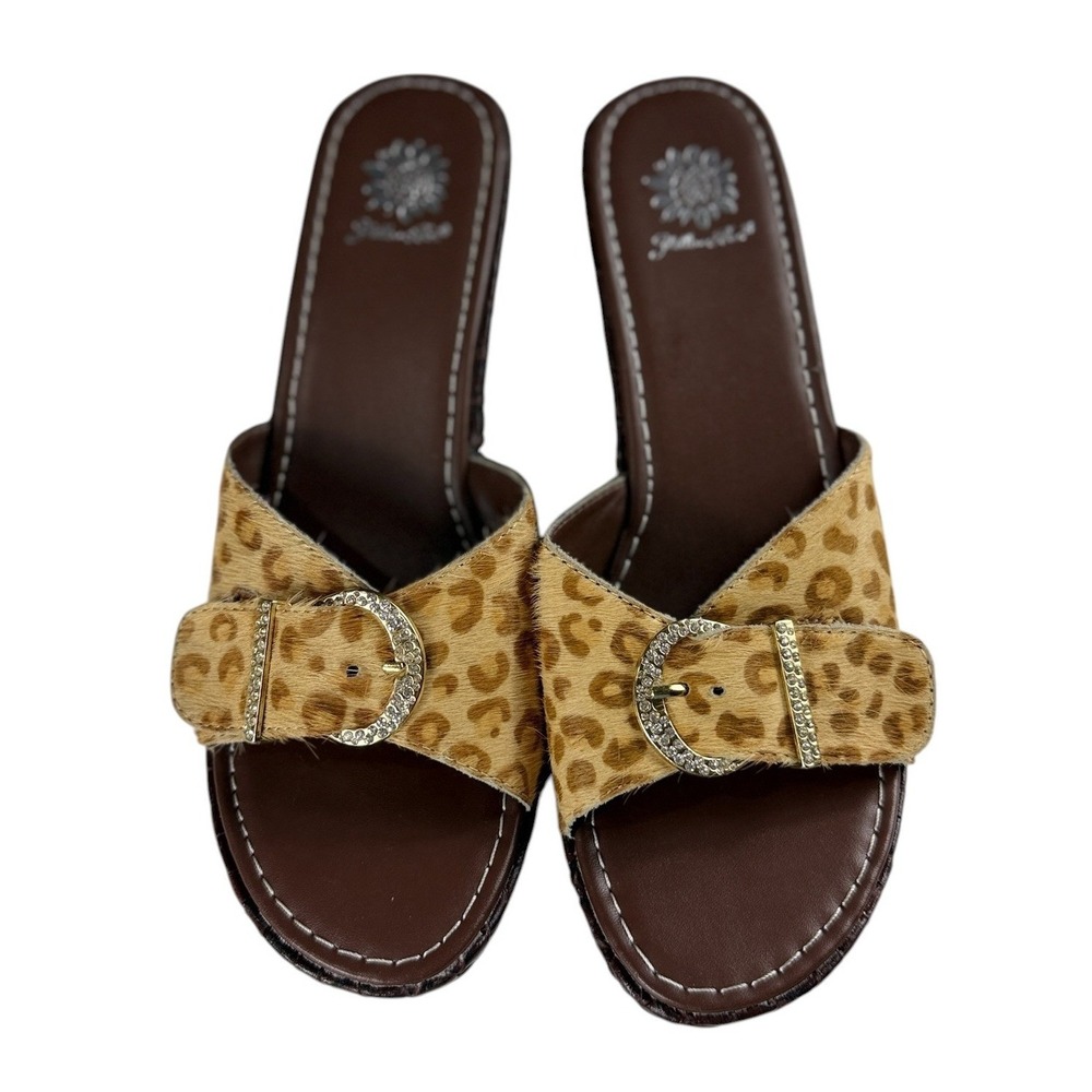 Yellow Box Scrub Cheetah Animal Haircalf Wedge Sandals Rhinestone Buckle Size 10